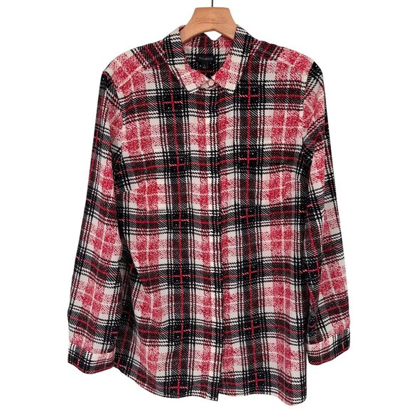Talbots Womens Plaid blouse top size Large red black Long Sleeve  Classic Fit - Picture 1 of 12